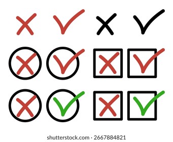 Marque las marcas y cruces en las casillas y círculos. Concepto de respuestas correctas e incorrectas, Aprobación y rechazo, toma de decisiones, Encuesta, votación, examen, evaluación, lista de verificación