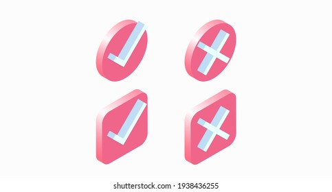 Check marks and crosses are drawn in isometric style. Approve, Decline, Accept, and Decline buttons. Vector illustration 