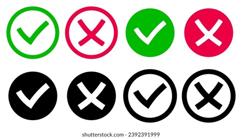 las marcas de verificación y cruces son verdes, rojas y negras. vector simple aislado en fondo blanco
