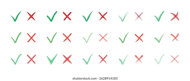 Marcas de verificación y conjuntos de cruces, marcas verdes e íconos de línea X rojos para Casillas de verificación y documentos de votación. Iniciar sesión de Aprobación y rechazo de Vector diferentes variaciones