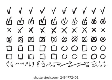 Marcas de verificación doodle conjunto de elementos de línea negra, marca y una cruz, caja fina vacía y signo de flecha. Estilo de grunge dibujado a mano. Ilustración vectorial