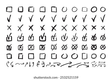 Marcas de verificação rabiscar conjunto de elementos de linha preta, tique e uma cruz, caixa fina vazia e sinal de seta. Estilo Grunge desenhado à mão. Ilustração vetorial