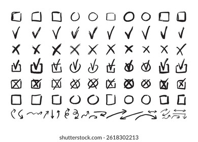 Check marks doodle black line element set, tick and a cross, empty thin box and arrow sign. Grunge hand drawn style. Vector illustration