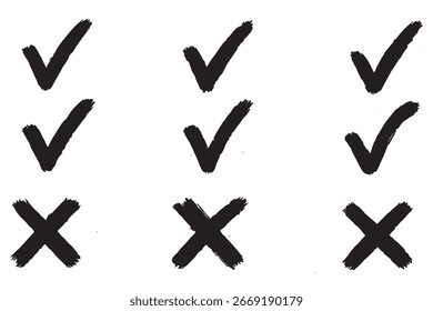 Marca de verificación doodle conjunto de elementos de línea negra, marca y una cruz, cuadro delgado vacío y signo de flecha. Grunge dibujado a mano estilo