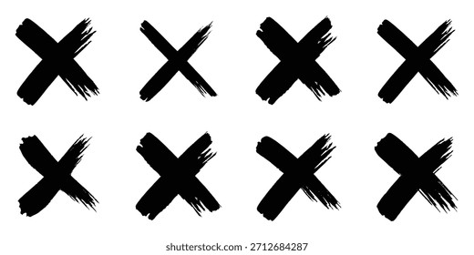 Marcas de verificação rabiscar conjunto de elementos de linha preta, tique e uma cruz, caixa fina vazia e sinal de seta. Estilo Grunge desenhado à mão. Traçados de pincel texturizados riscados traçados com traçado à mão. Mira símbolos. EPS 10