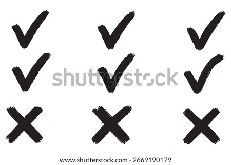 Check marks doodle black line element set, tick and a cross, empty thin box and arrow sign. Grunge hand drawn style