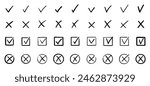 Check marks doodle set. Checkbox, checklist, tick and cross signs, v and x in sketch style. Hand drawn vector illustration isolated on white background