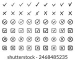 Check marks doodle set. Checkbox, checklist, tick and cross signs, v and x in sketch style. Hand drawn vector illustration isolated on white background