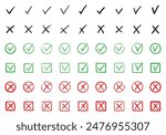 Check marks doodle set. Checkbox, checklist, tick and cross signs, v and x in sketch style. Hand drawn vector illustration isolated on white background