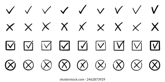 Check marks doodle set. Checkbox, checklist, tick and cross signs, v and x in sketch style. Hand drawn vector illustration isolated on white background