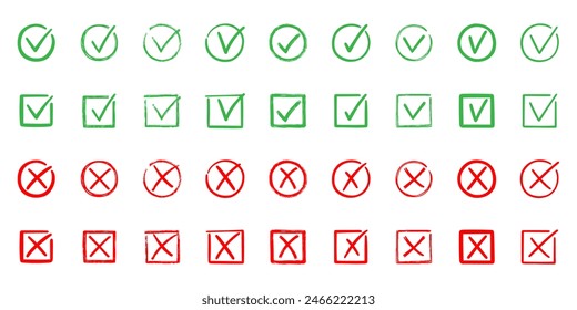 Check marks doodle set. Checkbox, checklist, tick and cross signs, v and x in sketch style. Hand drawn vector illustration isolated on white background