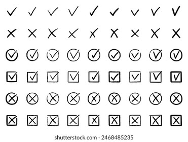 Check marks doodle set. Checkbox, checklist, tick and cross signs, v and x in sketch style. Hand drawn vector illustration isolated on white background