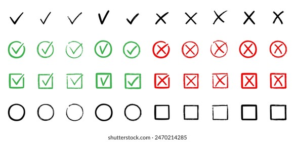 Marca de verificación doodle set. Casilla de verificación, lista de comprobación, señales de marca y cruz, v y x en estilo de esbozo. Ilustración vectorial dibujada a mano aislada sobre fondo blanco