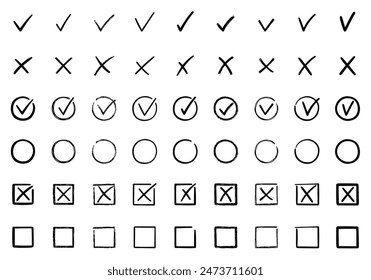 Marca de verificación doodle set. Casilla de verificación, lista de comprobación, señales de marca y cruz, v y x en estilo de esbozo. Ilustración vectorial dibujada a mano aislada sobre fondo blanco