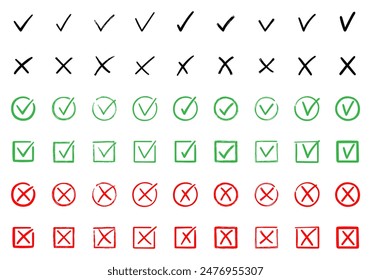 Check marks doodle set. Checkbox, checklist, tick and cross signs, v and x in sketch style. Hand drawn vector illustration isolated on white background