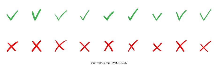 Check marks doodle set. Checkbox, checklist, tick and cross signs, v and x in sketch style. Hand drawn vector illustration isolated on white background