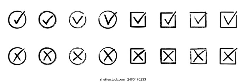 Check marks doodle set. Checkbox, checklist, tick and cross signs, v and x in sketch style. Hand drawn vector illustration isolated on white background