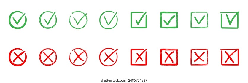 Check marks doodle set. Checkbox, checklist, tick and cross signs, v and x in sketch style. Hand drawn vector illustration isolated on white background