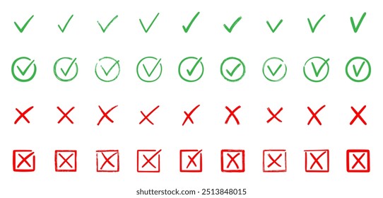 Marcas de verificação do conjunto de rabiscos. Caixa de seleção, lista de verificação, sinais de marca e cruz, v e x no estilo de esboço. Ilustração de vetor desenhada à mão isolada no plano de fundo branco