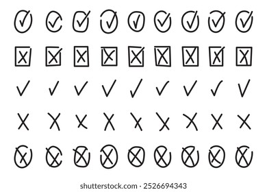 Check marks doodle set. Checkbox, checklist, tick and cross signs, v and x in sketch style. Hand drawn marker stripes. Doodle v checklist marks icon set. Vector illustration.