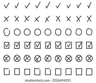 Check marks doodle set. Checkbox, checklist, tick and cross signs, v and x in sketch style. Hand drawn marker stripes. Doodle v checklist marks icon set. Vector illustration.