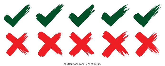 Marcas de verificación doodle set. Casilla de verificación, lista de verificación, signos de tick y cross, v y x en estilo de boceto. Vector dibujado a mano. Elementos grunge trazos. signo y símbolo X dibujado a mano. EPS 10. 