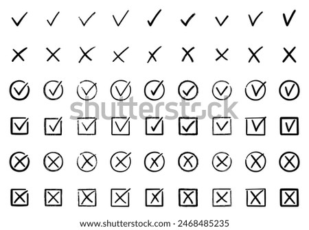 Check marks doodle set. Checkbox, checklist, tick and cross signs, v and x in sketch style. Hand drawn vector illustration isolated on white background