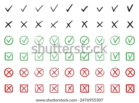 Check marks doodle set. Checkbox, checklist, tick and cross signs, v and x in sketch style. Hand drawn vector illustration isolated on white background