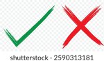 Check marks doodle set. Hand drawn chalk checklist, checkbox, green tick and red cross signs in sketch style. Charcoal pencil correct or incorrect symbols. Crayon checkmarks, yes and no elements.EPS10