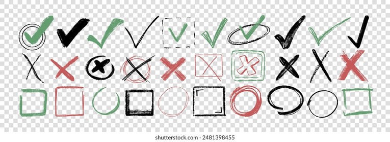 Marca de verificación doodle set. Lista de verificación de tiza dibujada a mano, Casilla de verificación, garrapata verde y cruz roja Iniciar sesión boceto estilo. Lápiz de carbón activado para símbolos correctos o incorrectos. Marcas de crayón, sí y no Elementos.