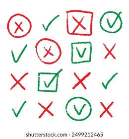 Check marks doodle set. Hand drawn chalk checklist, checkbox, green tick and red cross signs in sketch style. Charcoal pencil correct or incorrect symbols. Crayon checkmarks, yes and no elements.
