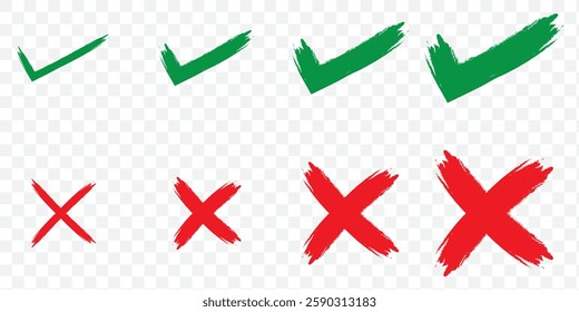 Check marks doodle set. Hand drawn chalk checklist, checkbox, green tick and red cross signs in sketch style. Charcoal pencil correct or incorrect symbols. Crayon checkmarks, yes and no elements.EPS10