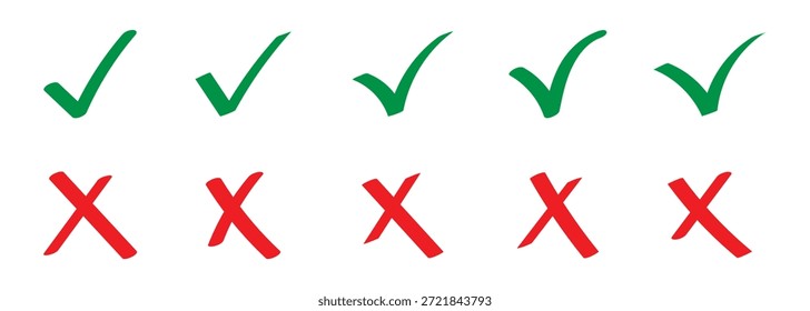 Check marks doodle set. Hand drawn chalk checklist, checkbox, green tick and red cross signs in sketch style. Symbols of approval and Decline, vector illustration.