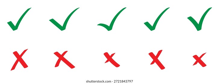 Marcas de verificación doodle set. Lista de verificación de tiza dibujada a mano, Casilla de verificación, garrapata verde y estilo de boceto de Iniciar sesión de cruz roja. Símbolos de Aprobación y Decadencia, Ilustración vectorial.