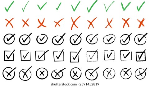 Check marks doodle set. Vote, yes, no, checkbox, checklist, tick and cross signs, v and x drawn concept. Hand drawn doodle sketch style vector illustration 