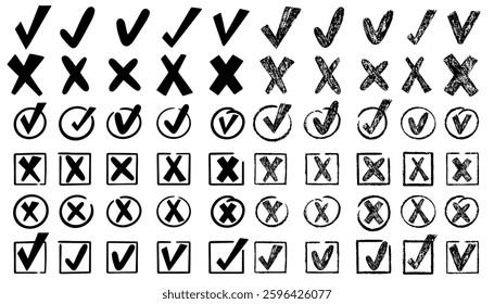 Check marks doodle set. Vote, yes, no, checkbox, checklist, tick and cross signs, v and x drawn concept. Hand drawn doodle sketch style vector illustration 