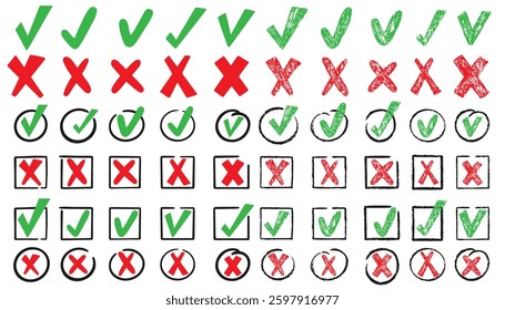 Check marks doodle set. Vote, yes, no, checkbox, checklist, thick and cross signs, and drawn concept. Green and red color. Hand drawn doodle sketch style vector illustration