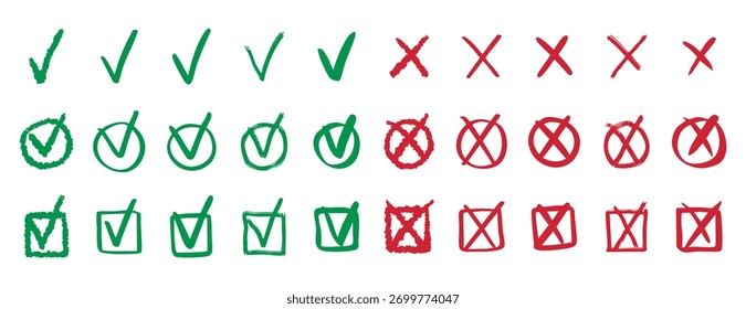 Marcas de verificação doodle set vote sim não ícone de desenho à mão cruzada. Ilustração vetorial