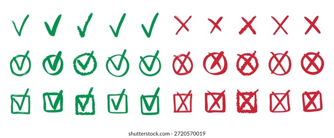 Marcas de verificación doodle set vote yes no cross hand drawn icon. Ilustración vectorial