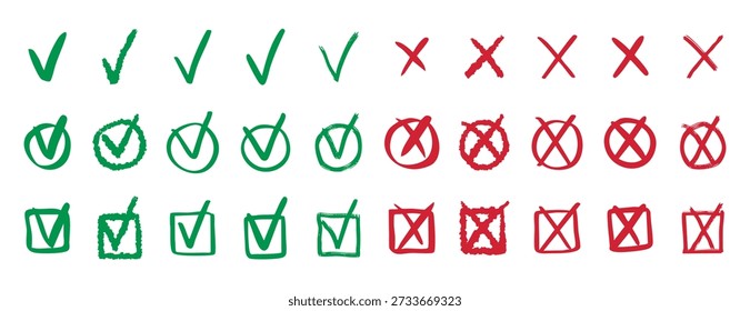Marcas de seleção doodle set vote sim não cross hand drawn icon. Ilustração vetorial