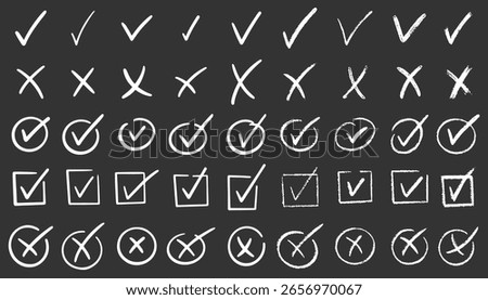 Check marks doodle set. Vote, yes, no, checkbox, checklist, tick and cross signs, v and x drawn concept. Hand drawn chalkboard doodle sketch style vector illustration 
