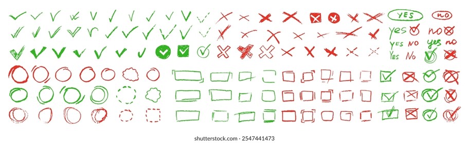 Marcas de verificación doodle set. Elementos de votación. Sí o no signos y Casilla de verificación cuadrada, rectangular o redonda para la elección dibujada a mano. Lápiz de carbón rojo y verde correctos o símbolos incorrectos. Ilustración vectorial