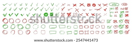 Check marks doodle set. Voting elements. Yes or no signs and square, rectangular or round checkbox for handdrawn choice. Red and green charcoal pencil correct or incorrect symbols. Vector illustration