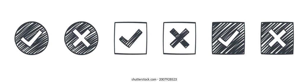 Check marks. Drawn icons of check marks. Checkbox icons and sketch check marks signs. Vector illustration