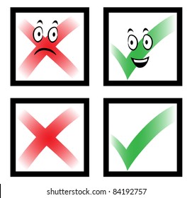 Check marks with funny cartoon faces, cross and tick in boxes, vector illustration