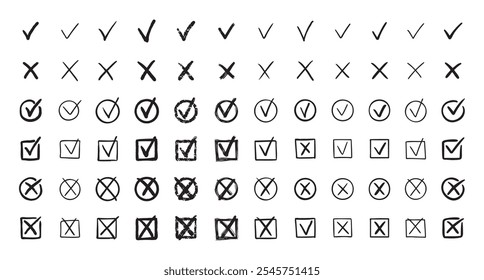 Marcas de verificação conjunto de rabiscos desenhados à mão. tique, sinais de cruz para checkbox, checklist, v e x no conjunto de esboços. Ilustração vetorial