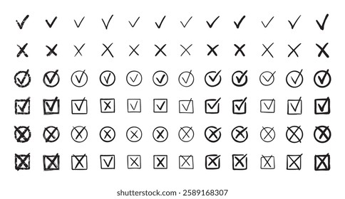 Check marks hand drawn doodle set. tick, cross signs for checkbox, checklist, v and x in sketch set. Vector illustration