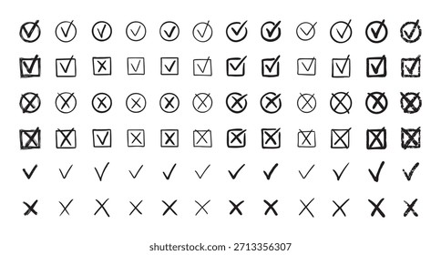 Markiert handgezeichnete Doodle-Sets. Häkchen, Kreuzzeichen für Kontrollkästchen, Checkliste, v und x im Skizzensatz. Vektorgrafik