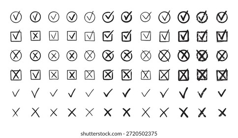 Marcas de verificação conjunto de rabiscos desenhados à mão. tique, sinais de cruz para checkbox, checklist, v e x no conjunto de esboços. Ilustração vetorial