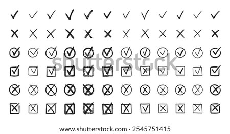 Check marks hand drawn doodle set. tick, cross signs for checkbox, checklist, v and x in sketch set. Vector illustration